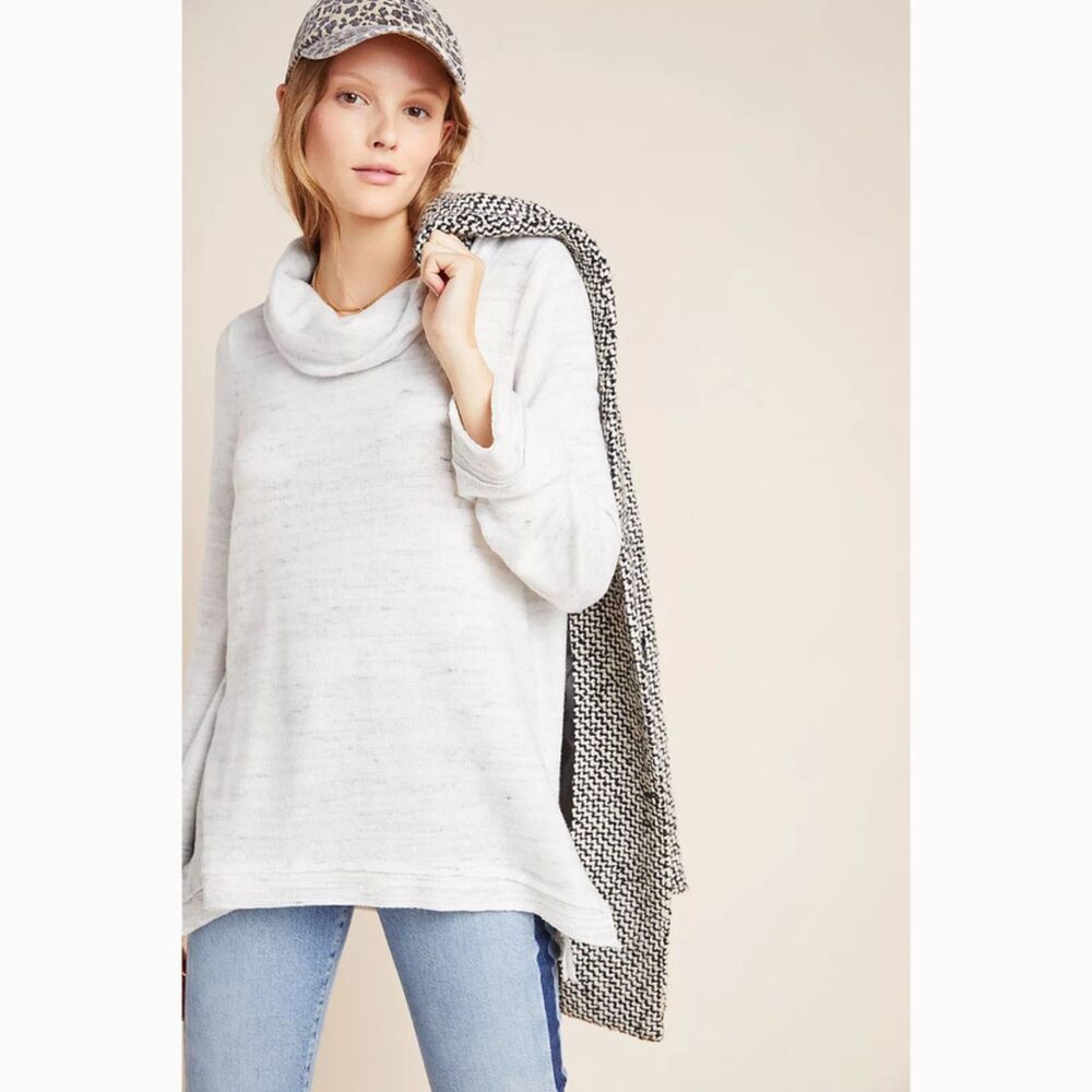 Anthropologie Maeve Size M Tunic Sweater Light Grey Risa Hacci Cowl Relaxed Fit